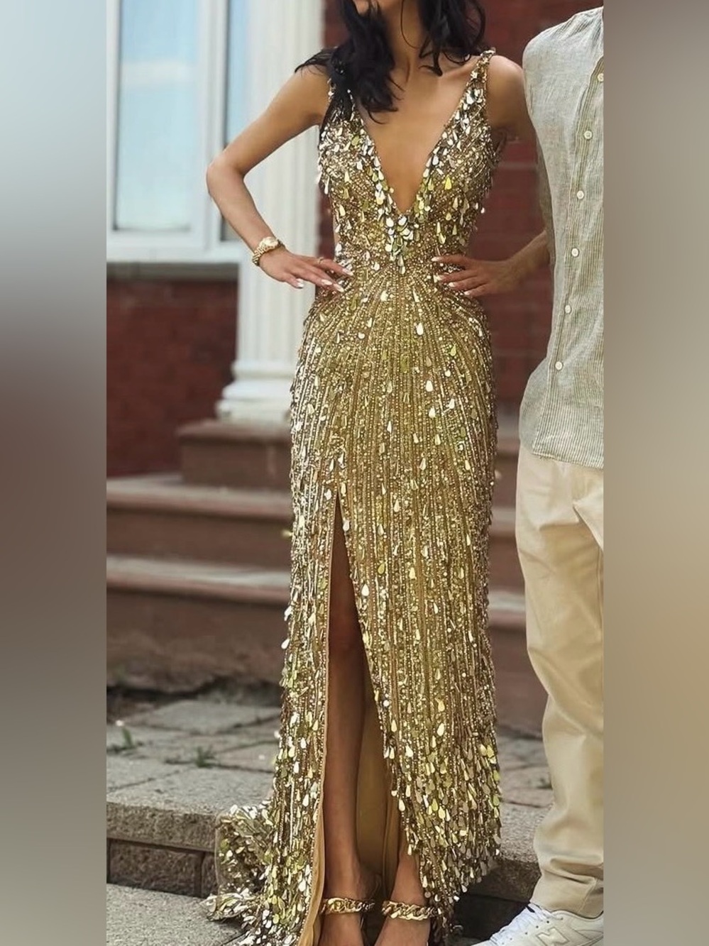Sherri Hill Gold Sequin Deep V Prom Gown with Front Slit
